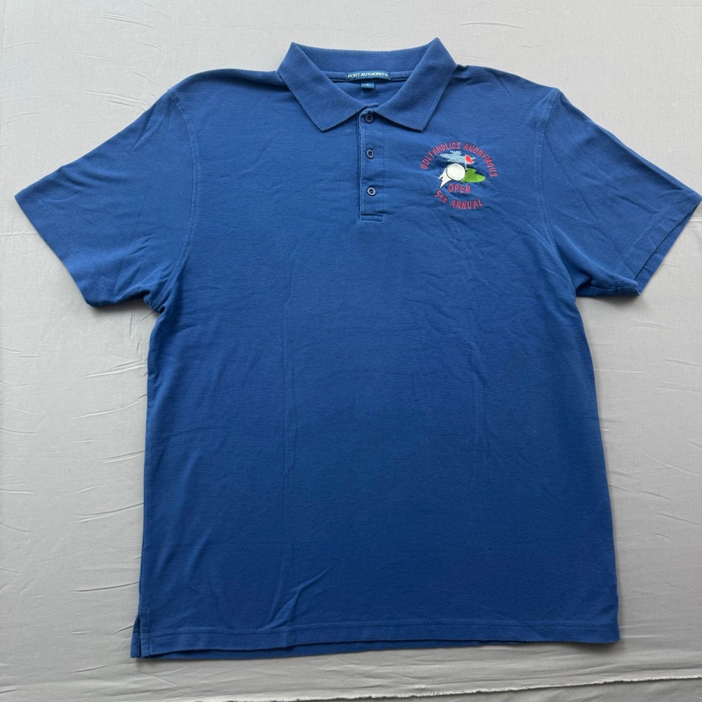 Port Authority Men Blue Golfaholics Anonymous Open Embroidered Polo Shirt Size L